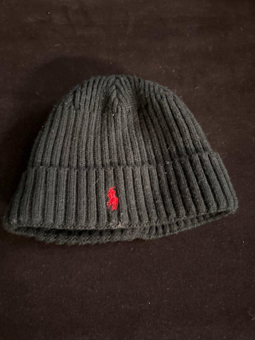 Black Ribbed Knit Beanie with Red Embroidered Horse Rider One Size